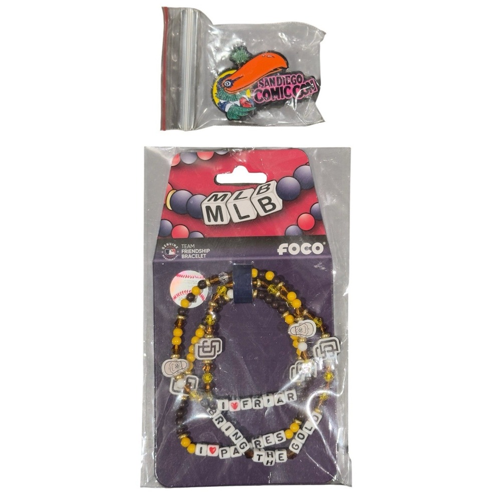 San Diego Comic Con Toucan Pin & SD Padres FOCO Friendship Bracelets MLB Lot